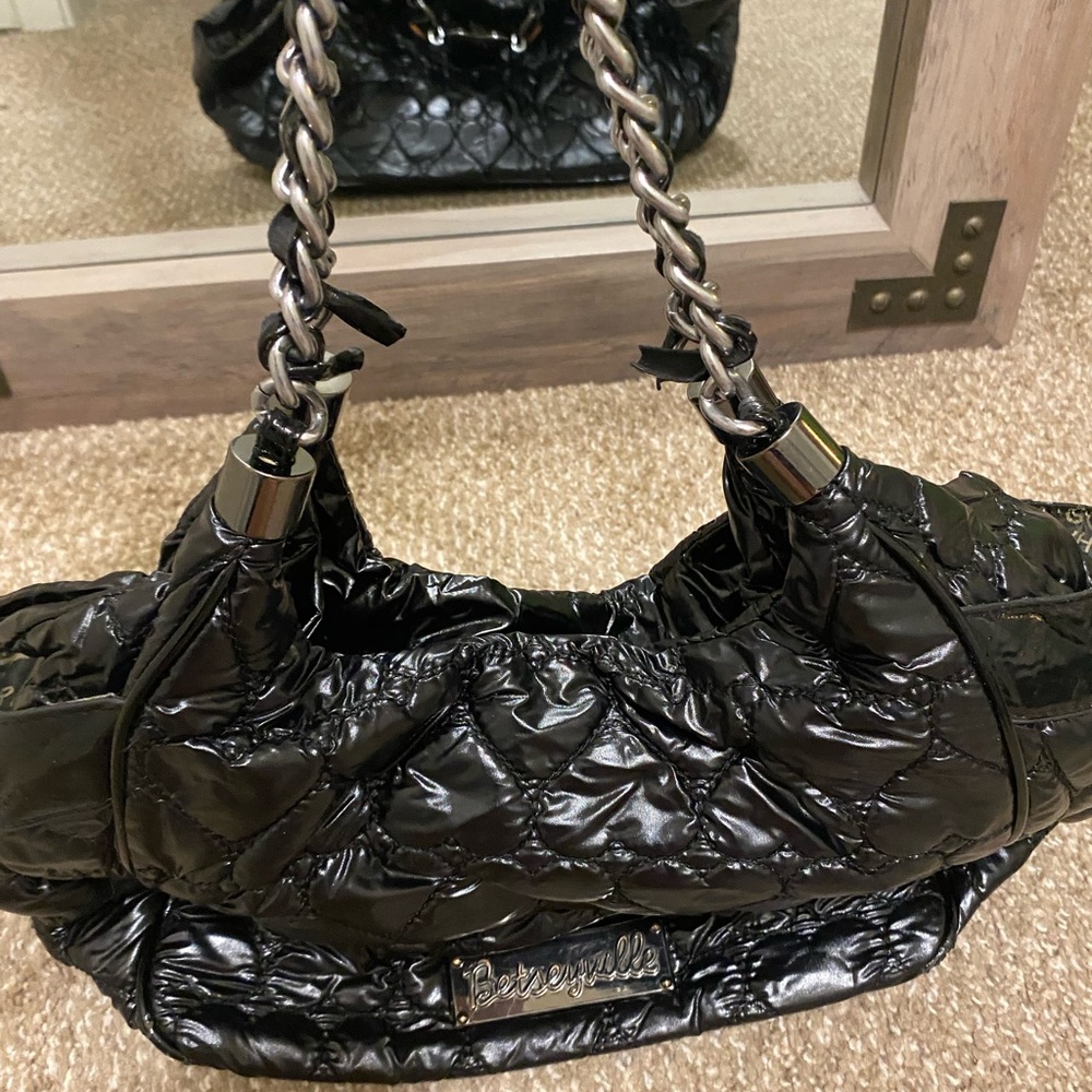 Betsey Johnson Shiny Black Quilted Shoulder Bag